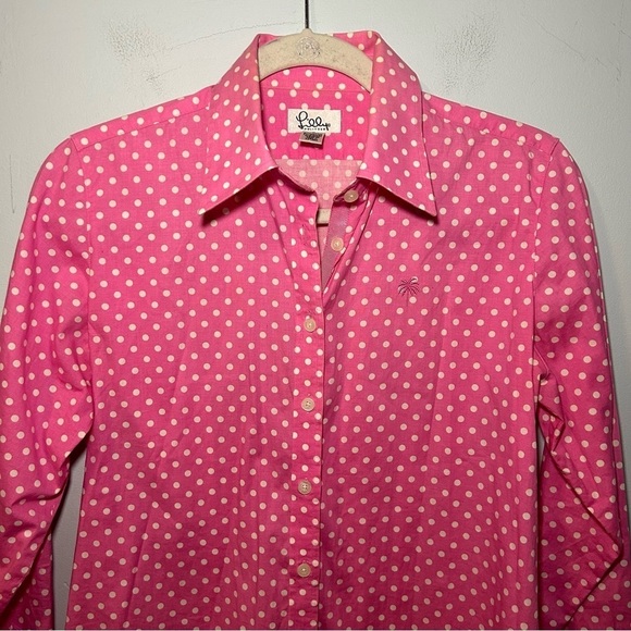 Lilly Pulitzer Pink & White Polka Dot Button Up Long Sleeve Blouse Size 6 - Picture 2 of 9